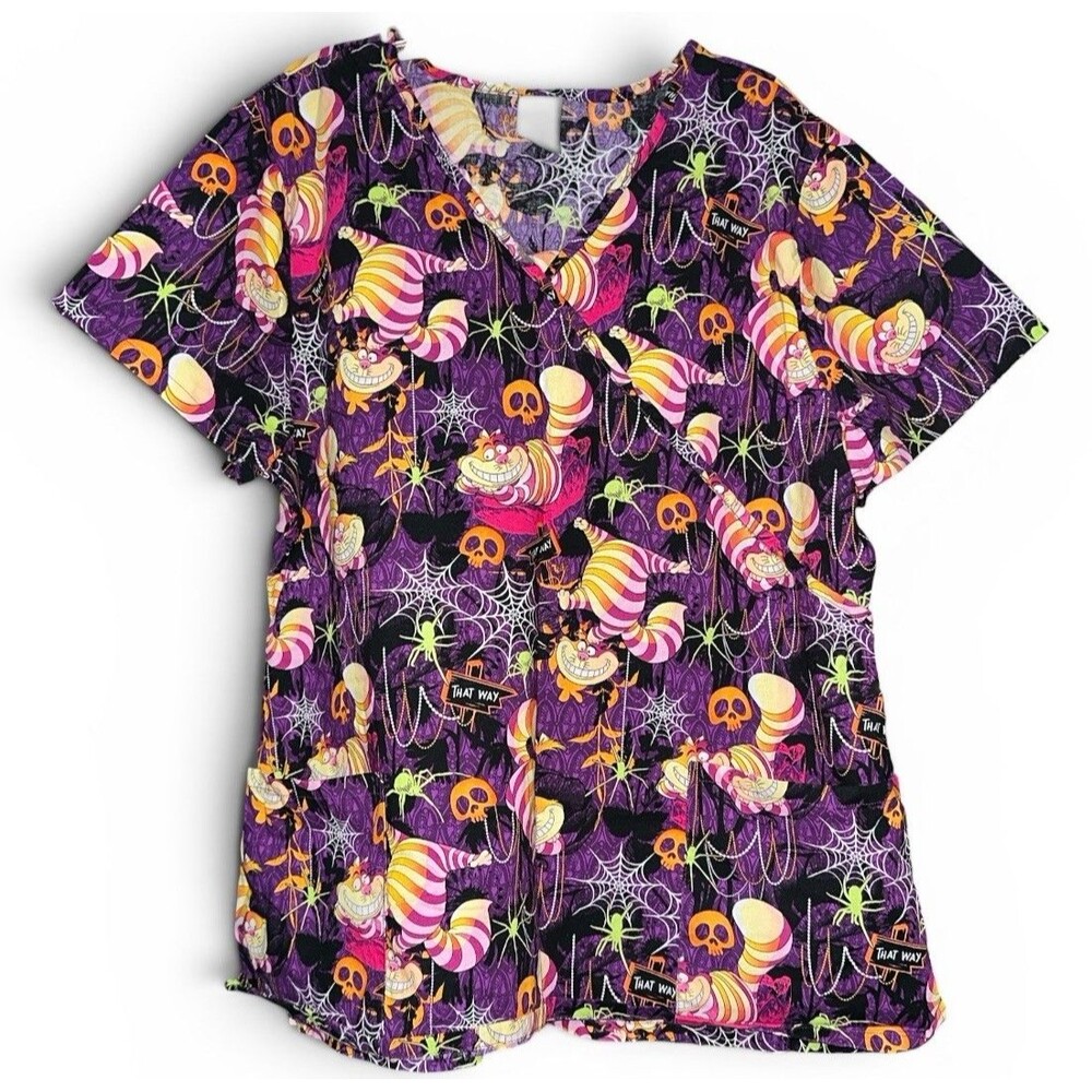 Disney Cheshire Cat Halloween Scrub Top XL Purple Alice in Wonderland Skull
